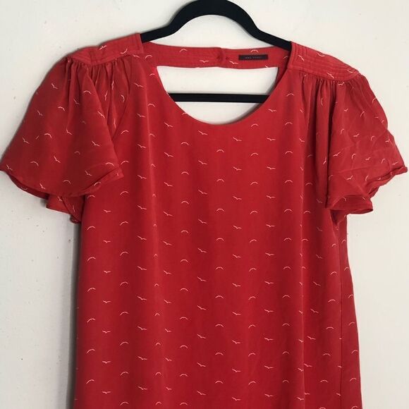 IKKS Coral Red Orange Bird Print Flutter Sleeve Mini Dress - Picture 6 of 10